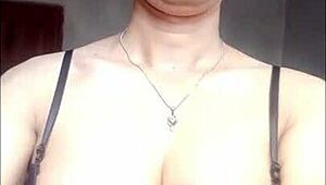 hey, see this shemale cum hard in black bra?