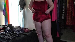 trying on clothes, teasing camera with and without packer