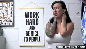 brunette shoplifter with tattoos rides huge cock in store