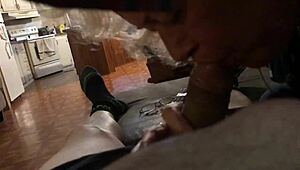 She gives amazing blowjob to milf in narrative style.