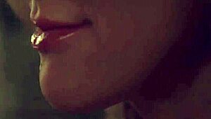 The fit blonde milf with perfect body and big fake tits seduces the young college guy, focusing on his cock and feet.