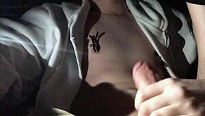 sexy girlfriend gives femdom blowjob in the car, teasing with natural tits