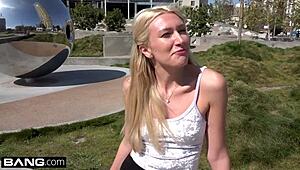 russian milf angelina bonnet flashes her small tits in public, leading to a group cumshot