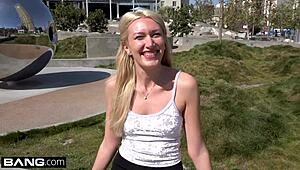 russian milf angelina bonnet flashes her small tits in public, leading to a group cumshot