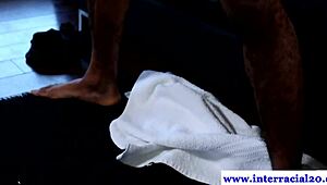 Ebony amateur teases muscular hunk with interracial gay masturbation