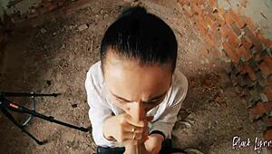 pov long haired teen facefucked in abandoned building with huge cum in mouth