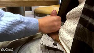 Cute Babe Blows in Public Toilet After Handjob Under Table!