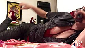 White Amateur Milf in Green Leather Pants and Red Satin Bodysuit Fucked Doggy Style POV