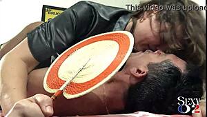 White Amateur Milf in Green Leather Pants and Red Satin Bodysuit Fucked Doggy Style POV