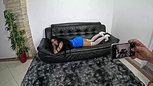 Clarissa Santana's first time with monster cock backstage, latina milf shaved pussy exposed.