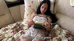 Step son fingers step mom while she reads, then fucks hard