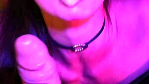 babe gives deep throat blowjob in neon night. she moans in pov for shorties