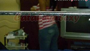 hot exhibitionist neighbor flirts with voyeur, poses sexy in lingerie