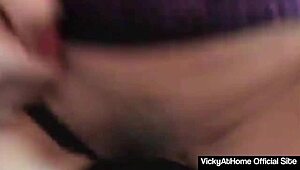 vicky vette squeezes big tits while riding rokks cock to orgasm