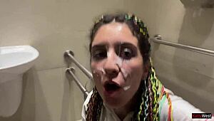 Crazy cumwalk in public mall, wanna see blowjob in toilet?