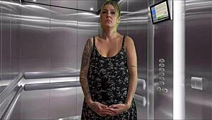 my pregnant neighbor says 'suck my monster cock in the elevator' and i cum all over her