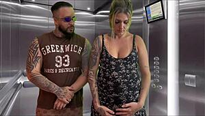 my pregnant neighbor says 'suck my monster cock in the elevator' and i cum all over her