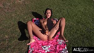 Exotic brunette hits multiple peaks outdoors in ecstasy