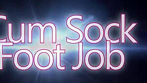 Cum explodes from sock-covered footjob with bare toes.