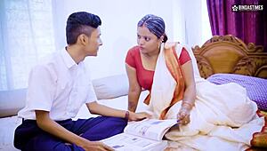 Desi Indian step grandson couldn't resist and drilled step grandma hard, cumming in her mouth with Hindi audio.