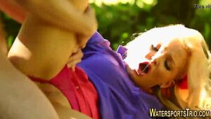 pretty slut gets urinated on outdoors