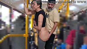 Slutty student receives cumshot on ass in public while riding the bus