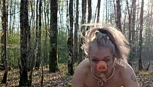 Slave self-spanks outdoors like a sow