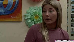 lesbian milf strips then licks petite blonde teen's pussy!