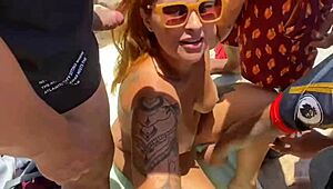 teasing couple blowjob leads to big cock facial on beach