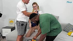 Naughty schoolgirl gets creampied in wild MFM threesome. Pantyhose torn!