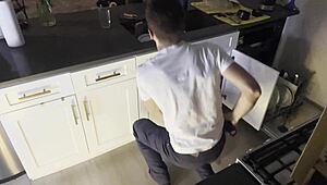 Girlfriend catches plumber with bigmax8inch, drains his pipe outdoors