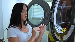 Stepsis finds a condom in the laundry and puts it on stepbro's cock