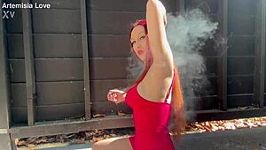 big tits milf artemisia love enjoys an outdoor smoking fetish session. her italian charm shines through.