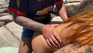teasing couple blowjob leads to big cock facial on beach