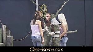 in the workshop, a lavish threesome unfolds with licking, sharing, and cumshots