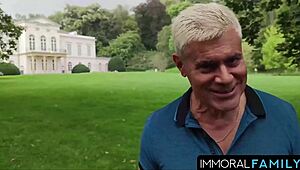 Dan gets a group handjob and muff diving orgasm