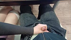 Bold handjob grips classmate's cock during intense lecture