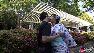 japanese lady with big tits in kimono saki aoyama sucks cock outdoors uncensored