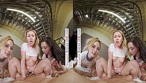 naughty america babes kyler quinn and paige owens dominate gym stud with petite licking action