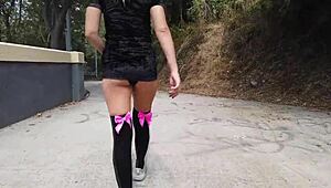 Oh man, I'm going crazy squirting outdoors in public while masturbating my wet panties.