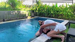 In the narrative of summer fun, a cute blonde girlfriend enjoys deepthroat action with her friend by the pool.