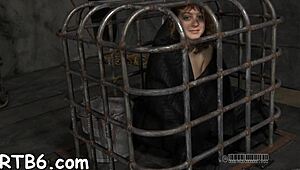 master pleasures gagged chick's pussy with rough bdsm techniques