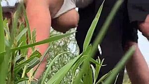 couple almost gets caught fucking roughly in the park with big cocks and tits