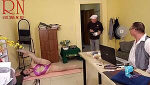 regina noir does yoga in office