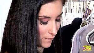 two gorgeous women strapon fuck each other in the dressing room