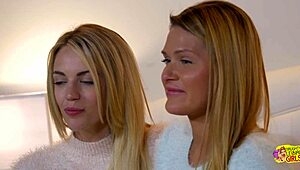 Blonde Lesbian Uses Dildo on Friend's Pink Pussy While Licking Nipples