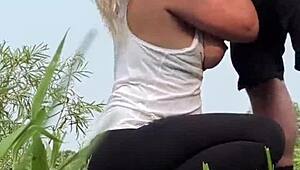 couple almost gets caught fucking roughly in the park with big cocks and tits