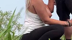 couple almost gets caught fucking roughly in the park with big cocks and tits