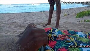 Young Ebony Babe with Natural Tits Enjoys Foreplay and Creampie on the Beach