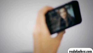 Sexy babe moans as she finger fucks her shaved pussy